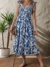 Floral Ruffle Strap Square Neck Smocked Bodice Midi Dress Woman Casual Dress