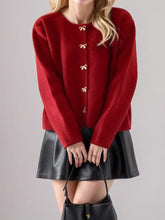 Bow Button Down Round Neck Long Sleeve Cardigan Woman Outerwear