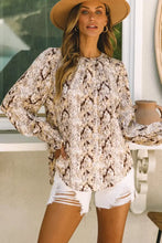 Printed Round Neck Long Sleeve Blouse Mocha Woman Blouses