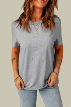 Light grey short-sleeve distressed round neck tee with front details