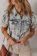 Wash Buttoned Chest Pocket Puff Sleeve Denim Jacket Woman Outerwear