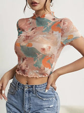 Abstract Print Ruffled Mesh Crop Top with Mock Neck Woman T Shirts