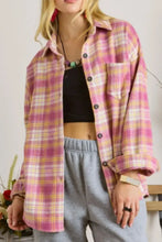 Plaid Collared Neck Button Up Shacket Pink Woman Outerwear
