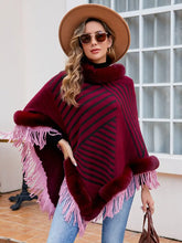Striped Fringe Hem Poncho Wine One Size Woman Outerwear