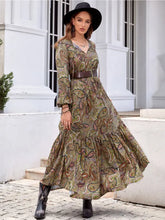 Printed Tie Neck Ruffle Hem Long Sleeve Dress Woman Maxi Dress