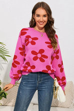 Floral Print Round Neck Dropped Shoulder Sweater Deep Rose Sweater Pullovers