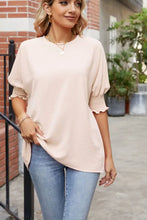 Round Neck Smocked Lantern Sleeve Blouse Woman Blouses