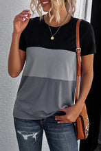 Color Block Side Slit Round Neck T-Shirt Black Gray Woman T Shirts