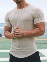 Men's Round Neck Short Sleeve Striped T-Shirt Light Gray Mens Tops