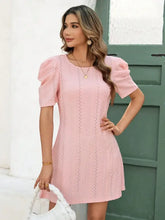 Eyelet Round Neck Puff Short Sleeve Mini Dress Woman Dress