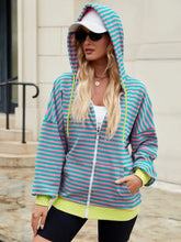 Drawstring Striped Zip Up Long Sleeve Hoodie Green Pink Woman Sweatshirts