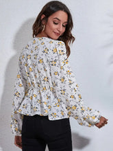 Floral V-Neck Balloon Sleeve Peplum Blouse Woman Blouses