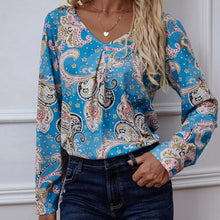 Shiny Printed V-Neck Long Sleeve Blouse Cerulean Woman Blouses