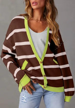 Contrast Stripes Button Down Long Sleeve Cardigan Woman Outerwear
