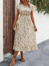 Ruffled Floral V-Neck Cap Sleeve Dress Casual Dresses