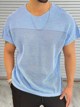 Men's Eyelet Round Neck Short Sleeve T-Shirt Light Blue Mens Tops