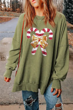 Sequin Candy Cane Round Neck Slit Sweatshirt Matcha Green Woman Sweatshirts