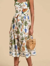 Tropical Print Tie-Shoulder Sweetheart Neck Midi Dress Woman Casual Dress