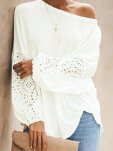 Shiny Openwork Dropped Shoulder Boat Neck Blouse White Woman Blouses