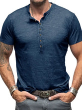 Men's Casual Henley Short Sleeve Button Top Peacock Blue Mens Tops