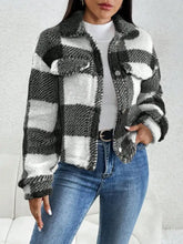 Decorative Pocket Flap Plaid Long Sleeve Jacket Black Woman Outerwear