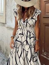Abstract Print Ruffle Sleeve V-Neck Midi Dress Picture Color Woman Casual Dress