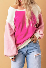 Round Neck Dropped Shoulder Color Block Sweatshirt Hot Pink Woman Sweatshirts