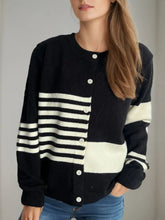 Striped Color Block Round Neck Cardigan Black One Size Woman Outerwear