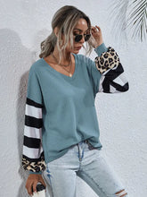 Leopard Striped Waffle-Knit Top Turquoise Woman Blouses