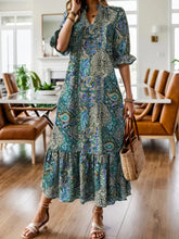 Full Size Bohemian Paisley Print Ruffle Hem Midi Dress Plus Size Teal Woman Dress