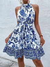 Floral Halter Neck Summer Dress with Belt Woman Casual Dress