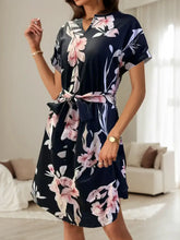 Abstract Print Belted Short Sleeve Midi Dress Woman Casual Dress