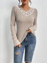 Perfee Lace Detail Ribbed V-Neck Long Sleeve Top Mocha Woman Blouses