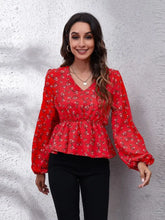 Floral V-Neck Balloon Sleeve Peplum Blouse Woman Blouses