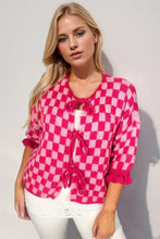 Double Take Tied Checkered Dropped Shoulder Flounce Sleeve Cardigan Woman Outerwear