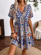 Printed V-Neck Short Sleeve Dress Navy Casual Dresses