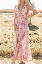 Floral Pleated Deep V Backless Maxi Dress Woman Maxi Dress