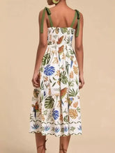 Tropical Print Tie-Shoulder Sweetheart Neck Midi Dress Woman Casual Dress