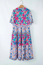 Mixed Floral Print Tie Neck Short Sleeve Dress Casual Dresses