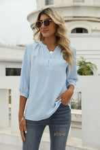 Swiss Dot Notched Neck Three-Quarter Sleeve Blouse Pastel Blue Woman T Shirts