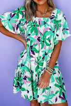 Floral Print Shirred Square Neck Loose Fit Mini Dress Floral Casual Dresses