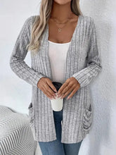 Ribbed Open Front Long Sleeve Cardigan with Pockets Light Gray Woman Outerwear