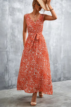 Printed V-Neck Tie Waist Maxi Dress Orange-Red Woman Maxi Dress