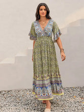 Ruched Printed Flounce Sleeve Maxi Dress Maxi Dresses