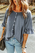 Button Front Flounce Sleeve Tee Dark Blue Woman T Shirts