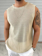 Men's Openwork Round Neck Sleeveless Knit Top Khaki Mens Tops