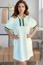 Striped Collared Zip Up Textured Dress Green Casual Dresses