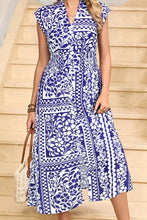 Shirred Waist V Neck Sleeveless Floral Print Midi Dress Woman Casual Dress