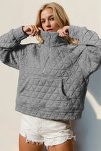 Double Take Half Zip Long Sleeve Quilted Sweatshirt with Pocket Gray Woman Sweatshirts