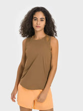 Millennia Cutout Back Round Neck Active Tank Camel Woman Activewear
